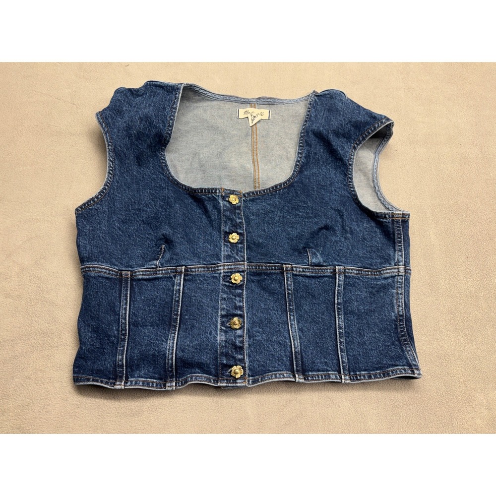 Madewell Womens Denim Corset Vest Dark Wash Blue Flower Button Top Size 16